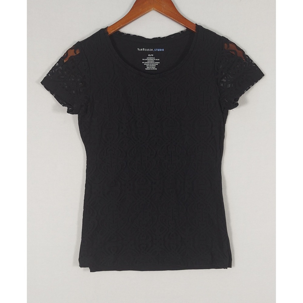 Black Lace Overlay Top XS Sheer Mixed Media Short Sleeve Stretch Office Blouse